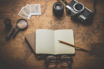 Map, camera, journal, pencil, and glasses